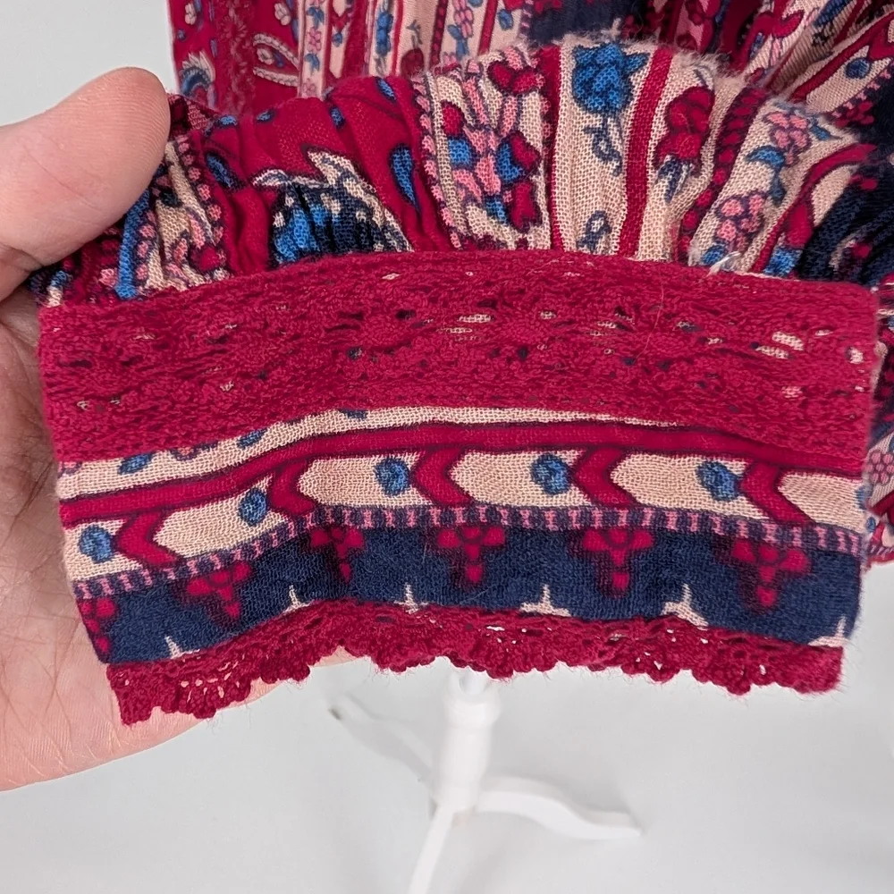 Anthropologie Red Navy Blue Boho Long Sleeve Gretchen Patchwork Lace Blouse 12 - Picture 7 of 8